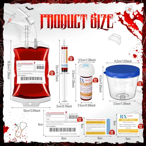 84 Pcs Halloween Party Supplies Empty Pill Bottle Blood Bag Specimen Cup Urine Sample Jar 20 ml Plastic Syringe with Sticky Label E1270