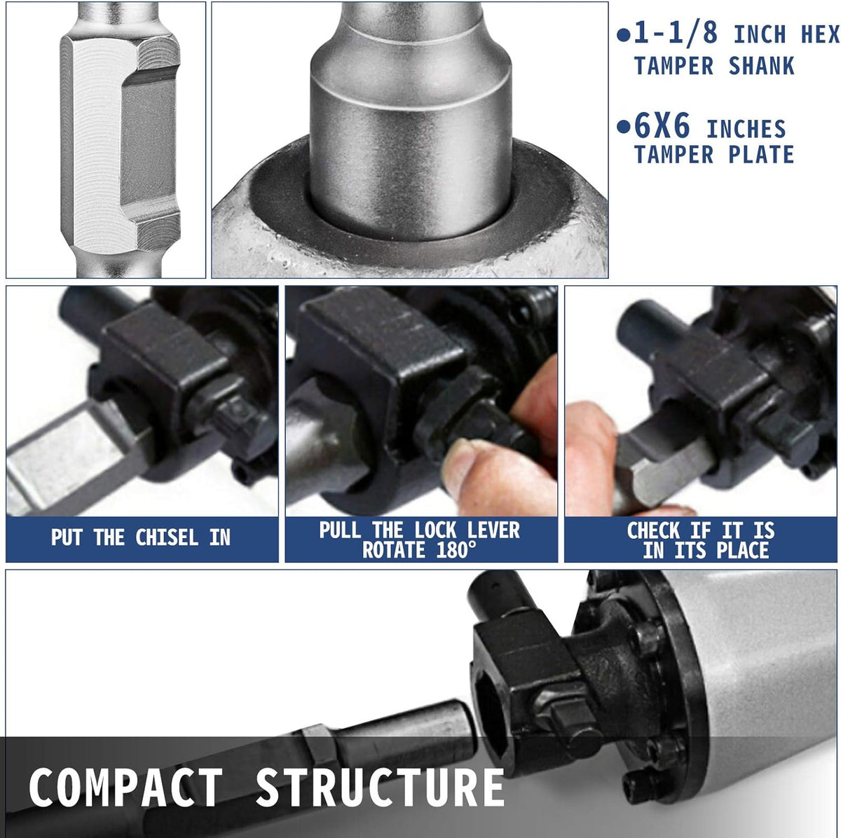 1-1/8" Tamper Shank Dirt Tamper 6x6" Compactor Plate with Electric Chisel Demolition Jackhammer Bits X6477