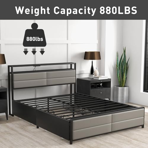 Grey Full Size Bed Frame with 4 Storage Drawers Y518