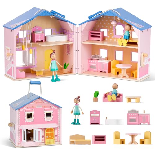 Pink Wooden Dollhouse with 2 Dolls and 12pcs Wooden Furniture V226549