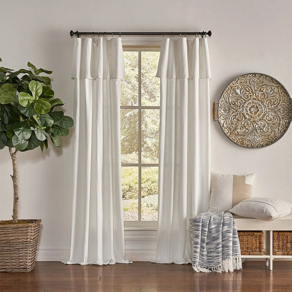Off White 84 Inches Light Filtering Ring Top Tab Curtain Panel with Valance G7319