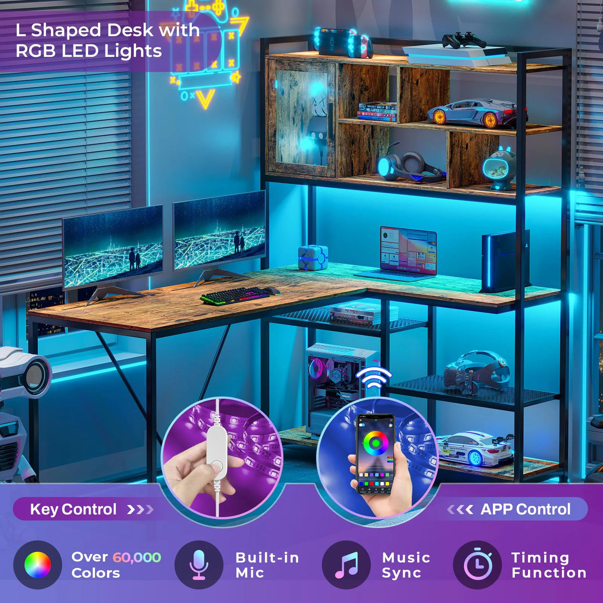 L Shape Computer Desk with LED Light and Bookshelf Y591