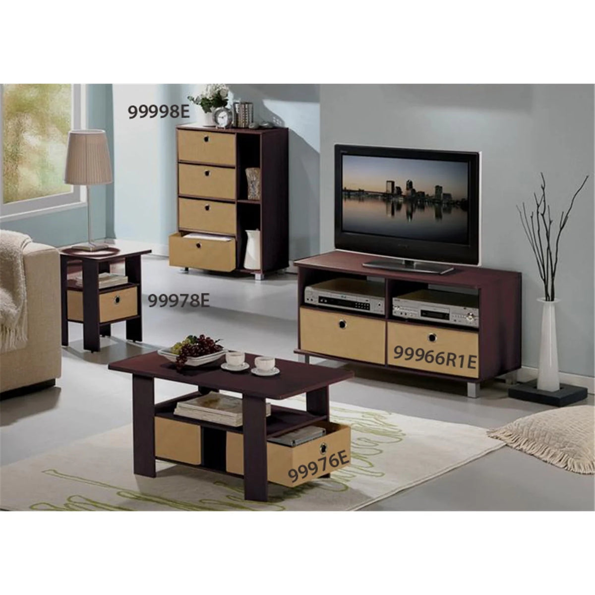French Oak Grey Black Set of 2 End Table Nightstand with Bin Drawer O5093