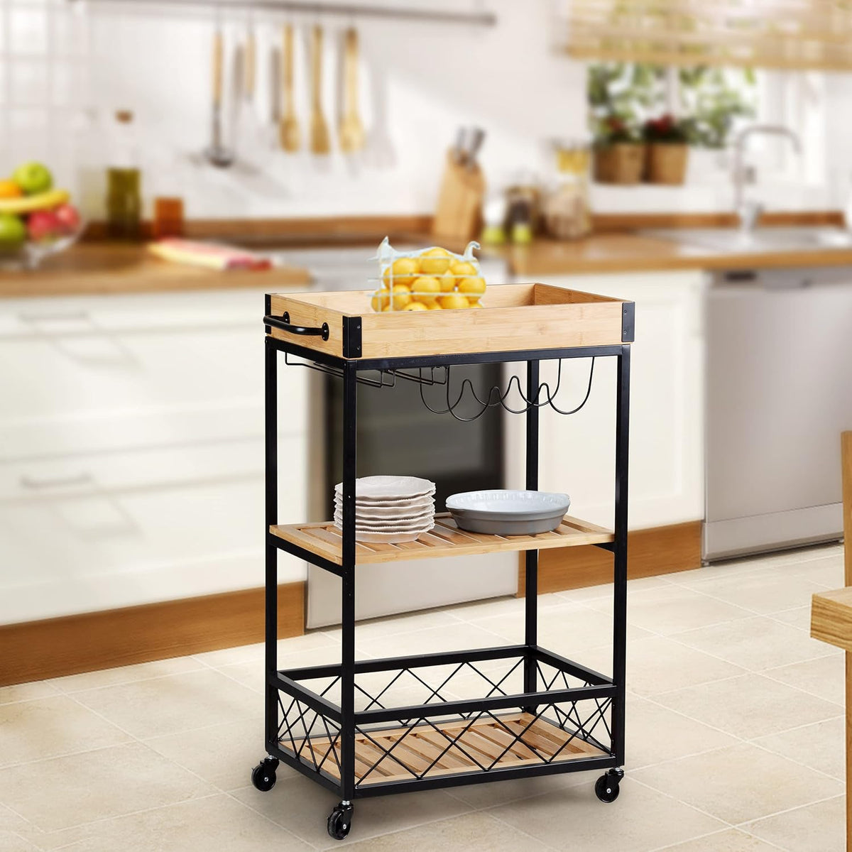 Bamboo Kitchen Cart with Mesh Shelves N527