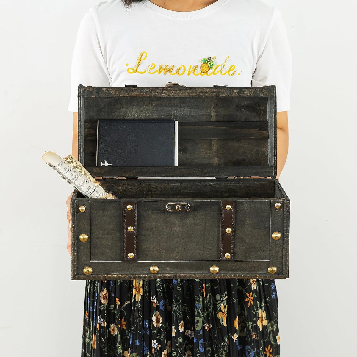 Small Wooden Treasure Chest with Handle and Hinged Lid U33088