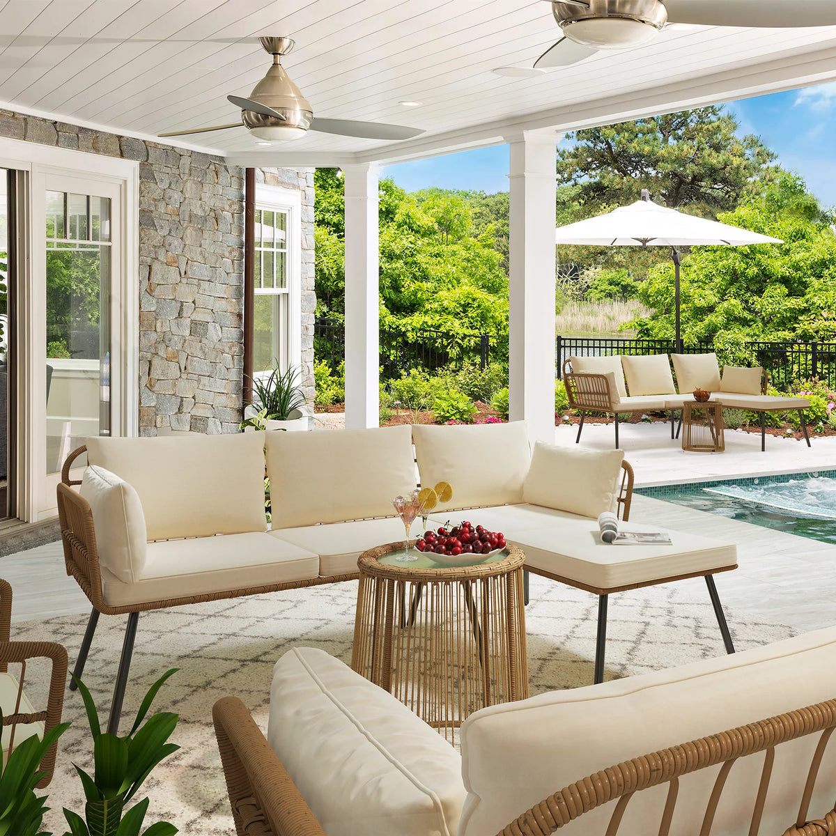 L-Shaped Wicker Patio Sofa Set with Cushions and Coffee Table P826633