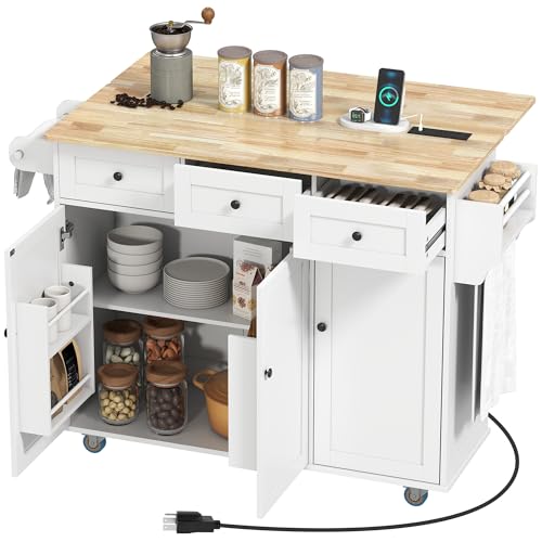 White Rolling Kitchen Island with Wood Top, 3 Drawers, Adjustable Shelf M77617