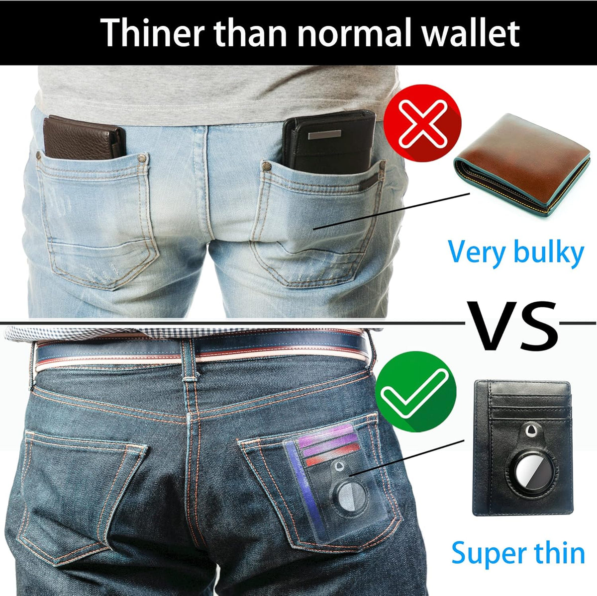 Black Leather Slim Card Holder Wallet with Keychain (2 Pack) G461