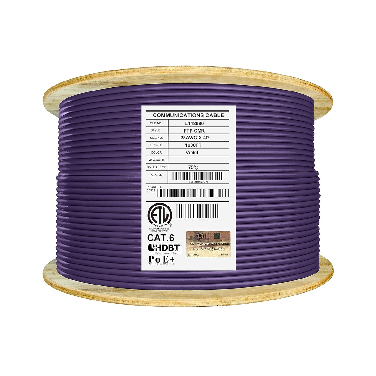 Bulk Ethernet Cable Reel, Cat6 Shielded Riser, 1000ft, Black U92801