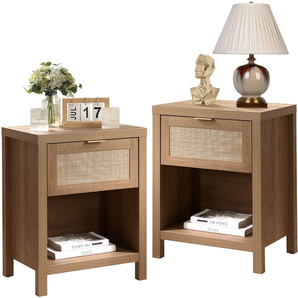 Oak Rattan Nightstand Set of 2 with Drawer and Storage Shelf I755471