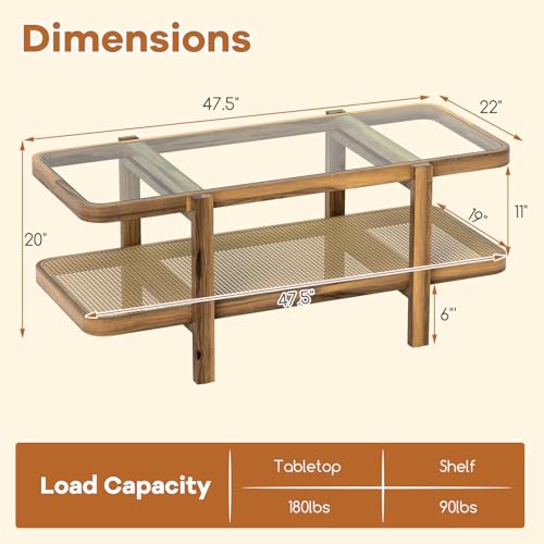 Rattan Coffee Table, 2-Tier with Tempered Glass Tabletop G96975
