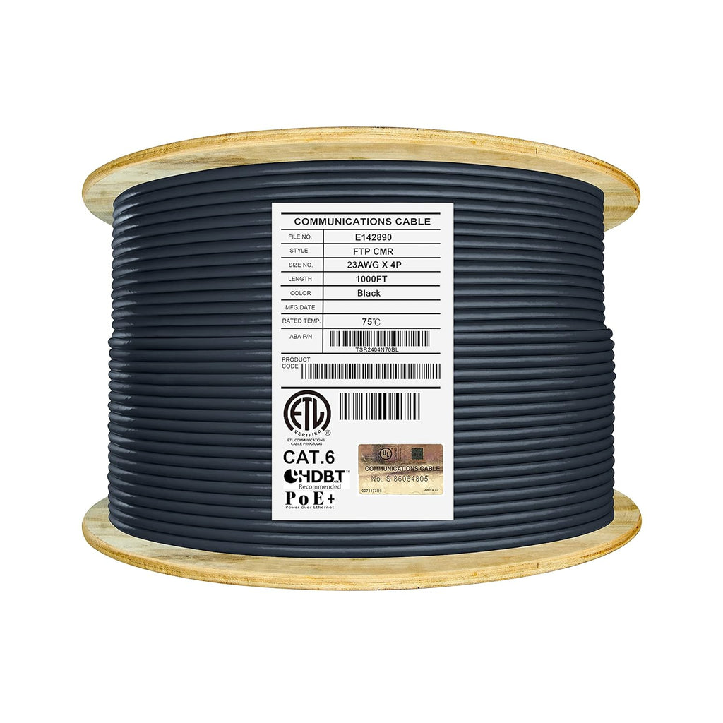 Bulk Ethernet Cable Reel, Cat6 Shielded Riser, 1000ft, Black U92801