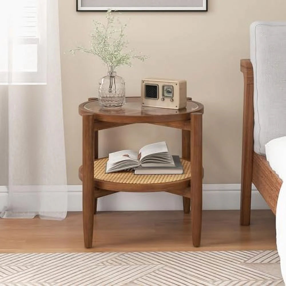 Rattan Round End Table with Tempered Glass Top and Acacia Wood Legs W62568
