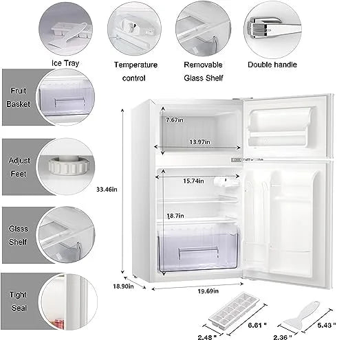 Mini Refrigerator 3.2Cu.Ft Compact Fridge Double Doors Freezer Grey E131