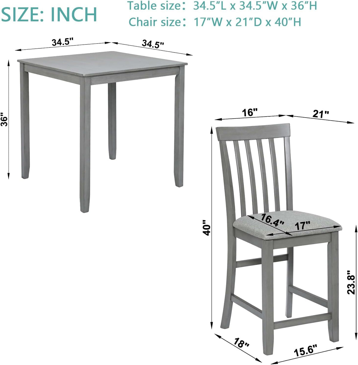 5 Piece Counter Height Dining Table Set with 4 Upholstered Chairs, Dove Gray W279