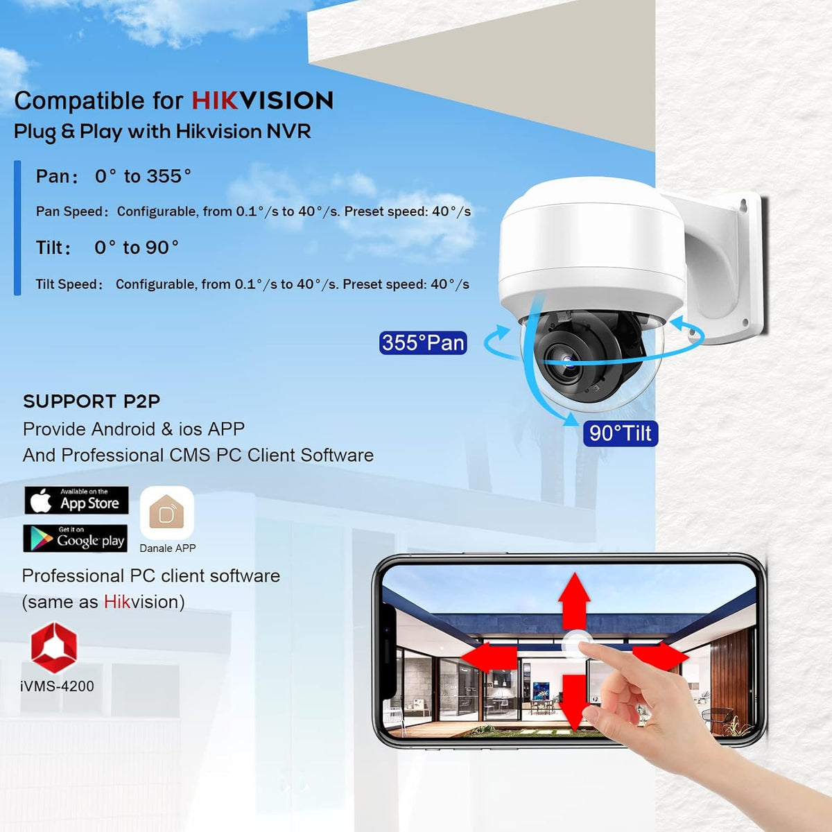 5MP PTZ PoE Dome IP Camera Outdoor with Mic/Audio, 4X Optical Zoom, 164ft Night Vision, H.265, IP67 Waterproof G706990