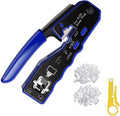 RJ45 Crimp Tool Ethernet Cable Crimper Wire Cutter Stripper Network Pass Through Crimping Tool Kit for Cat5e Cat6 Cat6a, 50Pcs Cat6 Connector & 50Pcs Cat6 Protector Cover F73006