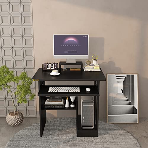Black Computer Desk with Shelves and Keyboard Tray E655
