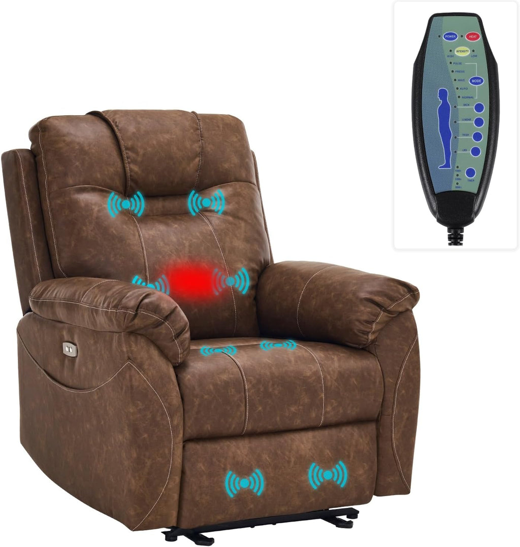 Electric Recliner with Heat & Massage, Leather Recliner Chair with Extended Footrest, Power Recliner Chair with USB Ports U74815