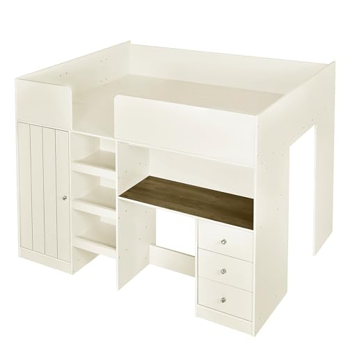 Gray Full Size Wood Loft Bed with Desk K4336