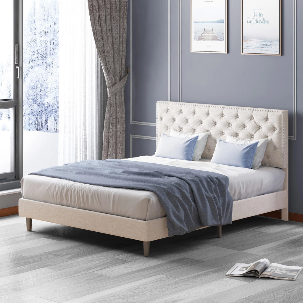 King Size Beige Upholstered Platform Bed Frame O70747