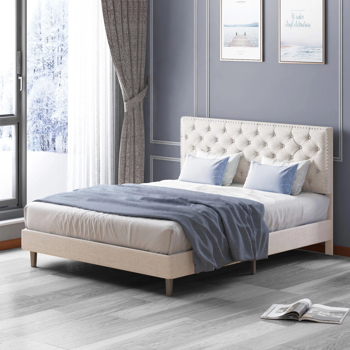 King Size Beige Upholstered Platform Bed Frame O70747