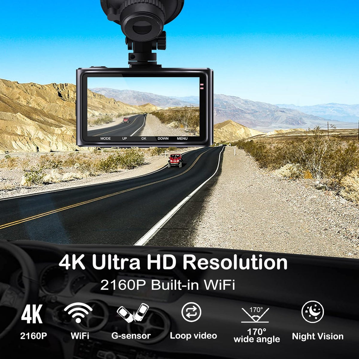 4K Dash Cam with WiFi, 3" IPS Screen, 170° Wide Angle, Parking Monitor Z37043
