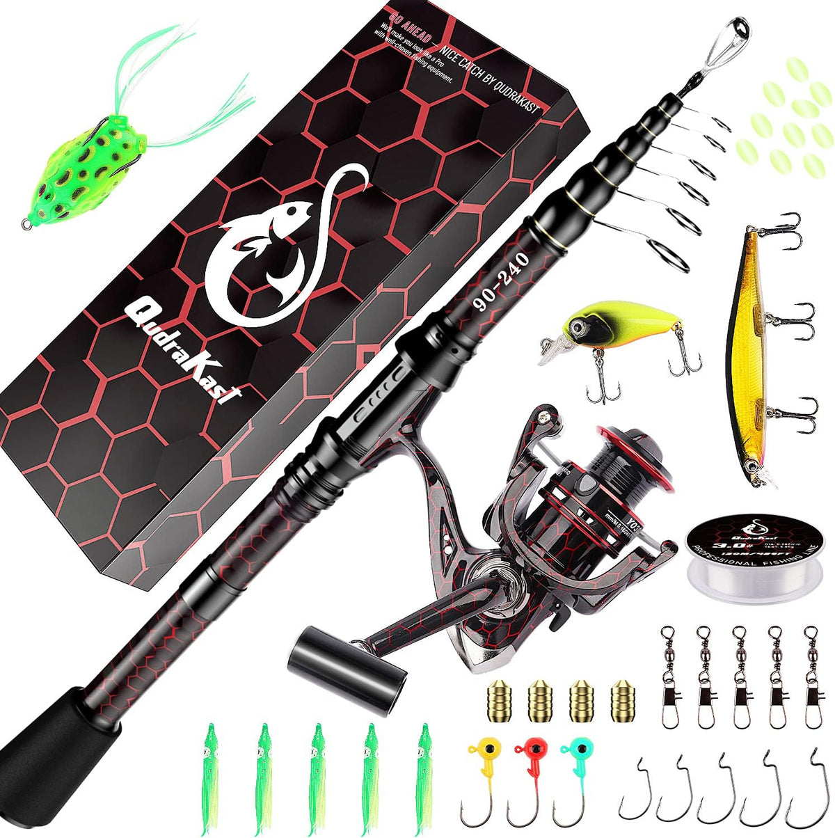 Carbon Fiber Telescopic Fishing Rod and Reel Combo Kit with Tackle Box, Pack of 2 D91374