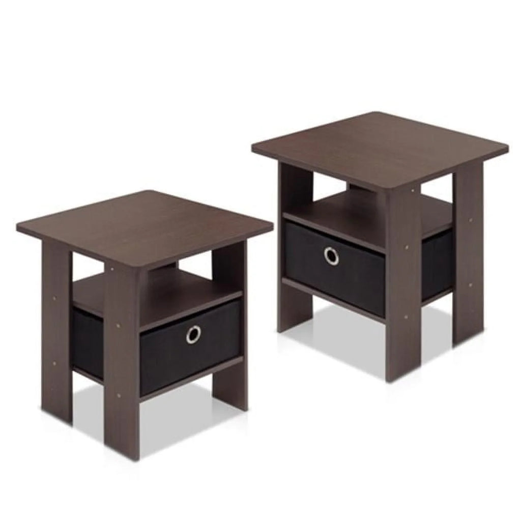 French Oak Grey Black Set of 2 End Table Nightstand with Bin Drawer O5093