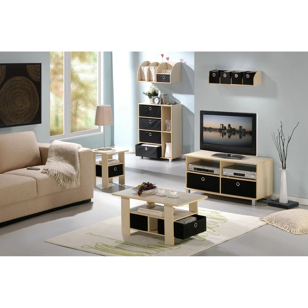 French Oak Grey Black Set of 2 End Table Nightstand with Bin Drawer O5093