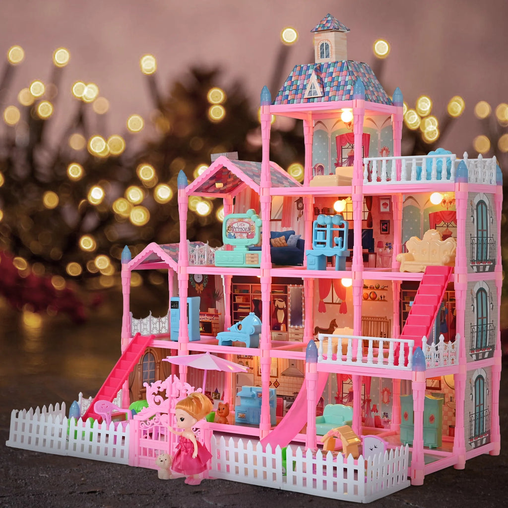 285 PCS 12 Rooms Dollhouse with LED Lights Furniture and Accessories F644