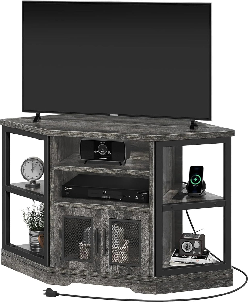 Corner TV Stand up to 55 Inch with Power Outlet, Gray Oak I396270
