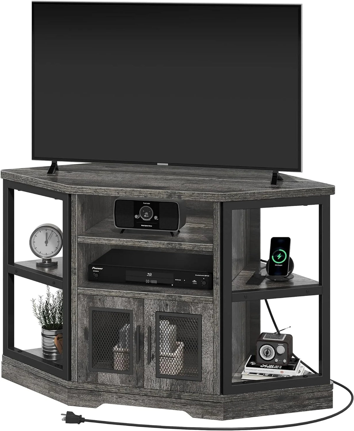 Corner TV Stand up to 55 Inch with Power Outlet, Gray Oak I396270