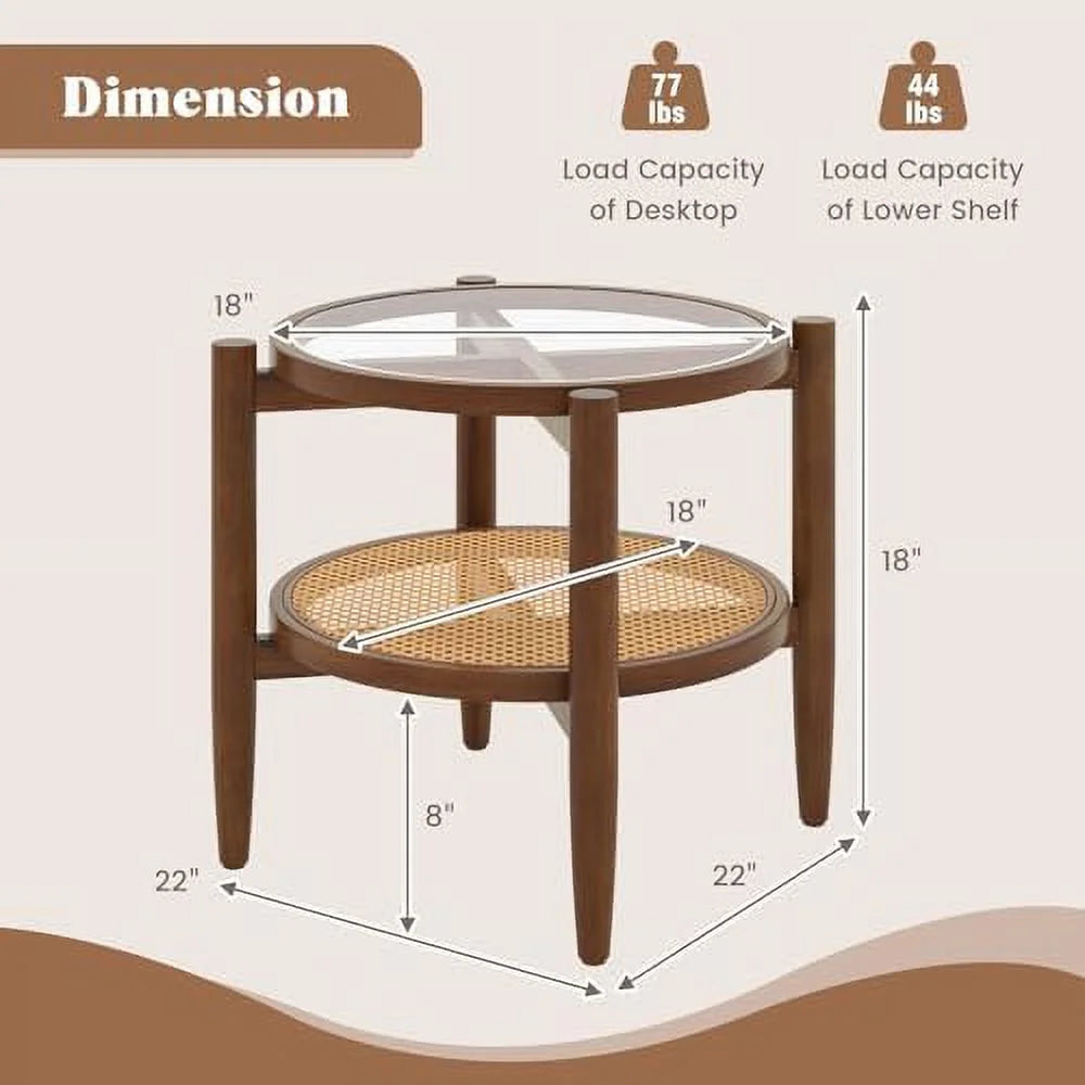 Rattan Round End Table with Tempered Glass Top and Acacia Wood Legs W62568