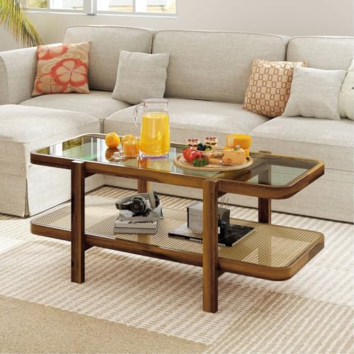 Rattan Coffee Table, 2-Tier with Tempered Glass Tabletop G96975