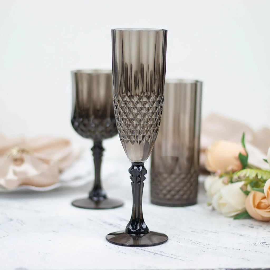 8Oz Black Crystal Cut Reusable Plastic Champagne Glasses F41580