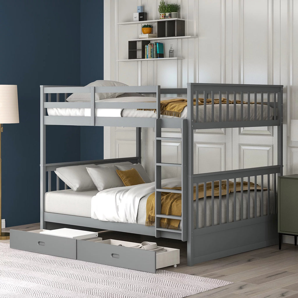Full over Full Bunk Bed with Ladder and 2 Drawers, Gray X163
