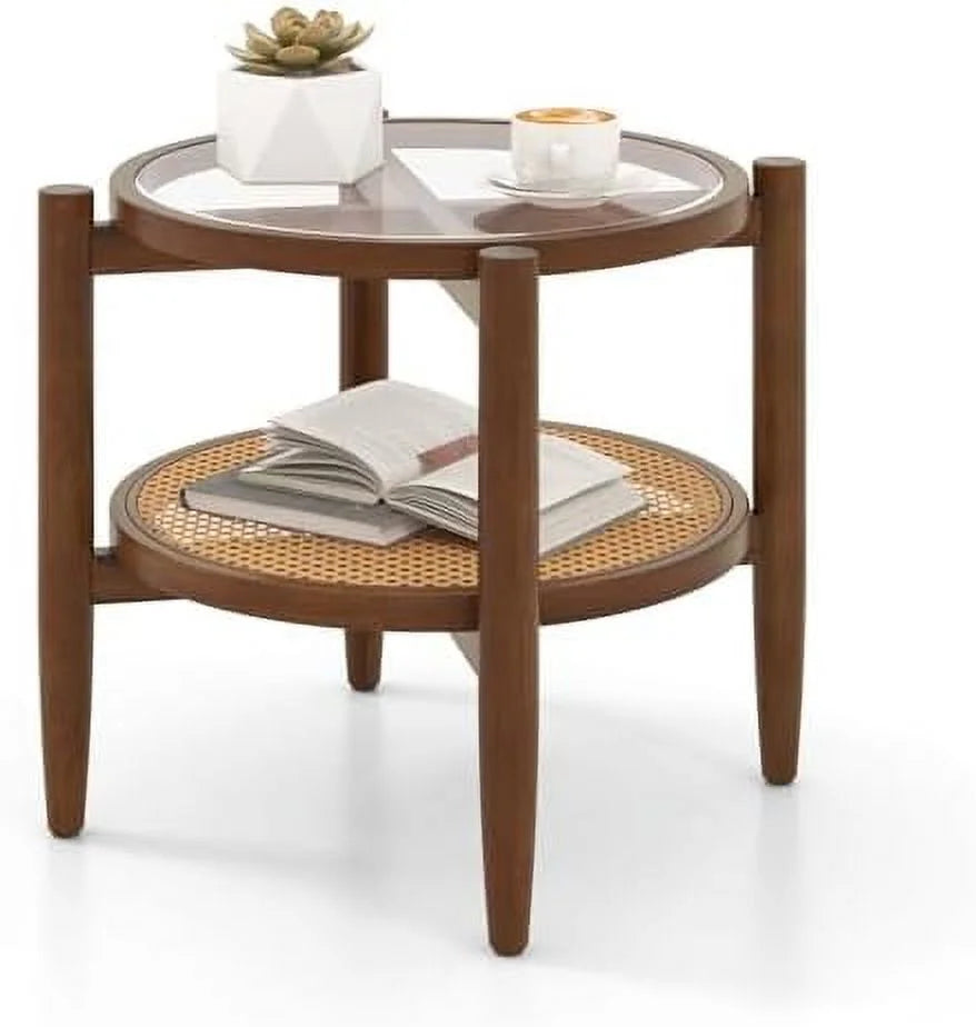 Rattan Round End Table with Tempered Glass Top and Acacia Wood Legs W62568