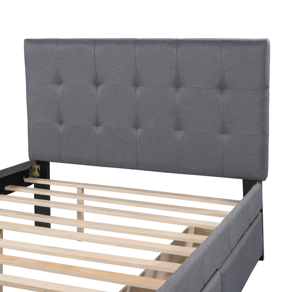 Gray Upholstered Full Size Platform Bed with 2 Drawers B5646