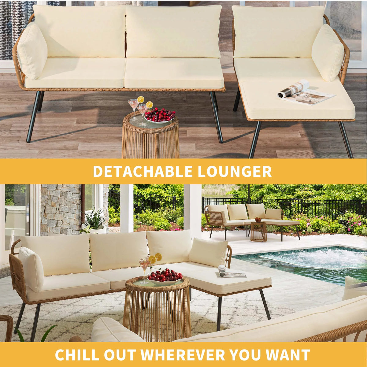 L-Shaped Wicker Patio Sofa Set with Cushions and Coffee Table P826633