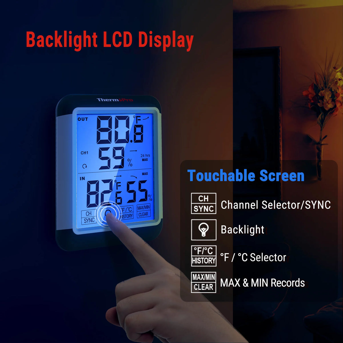 Indoor Outdoor Thermometer Digital Wireless Hygrometer Temperature Humidity Monitor with Jumbo Touchscreen and Backlight D1824