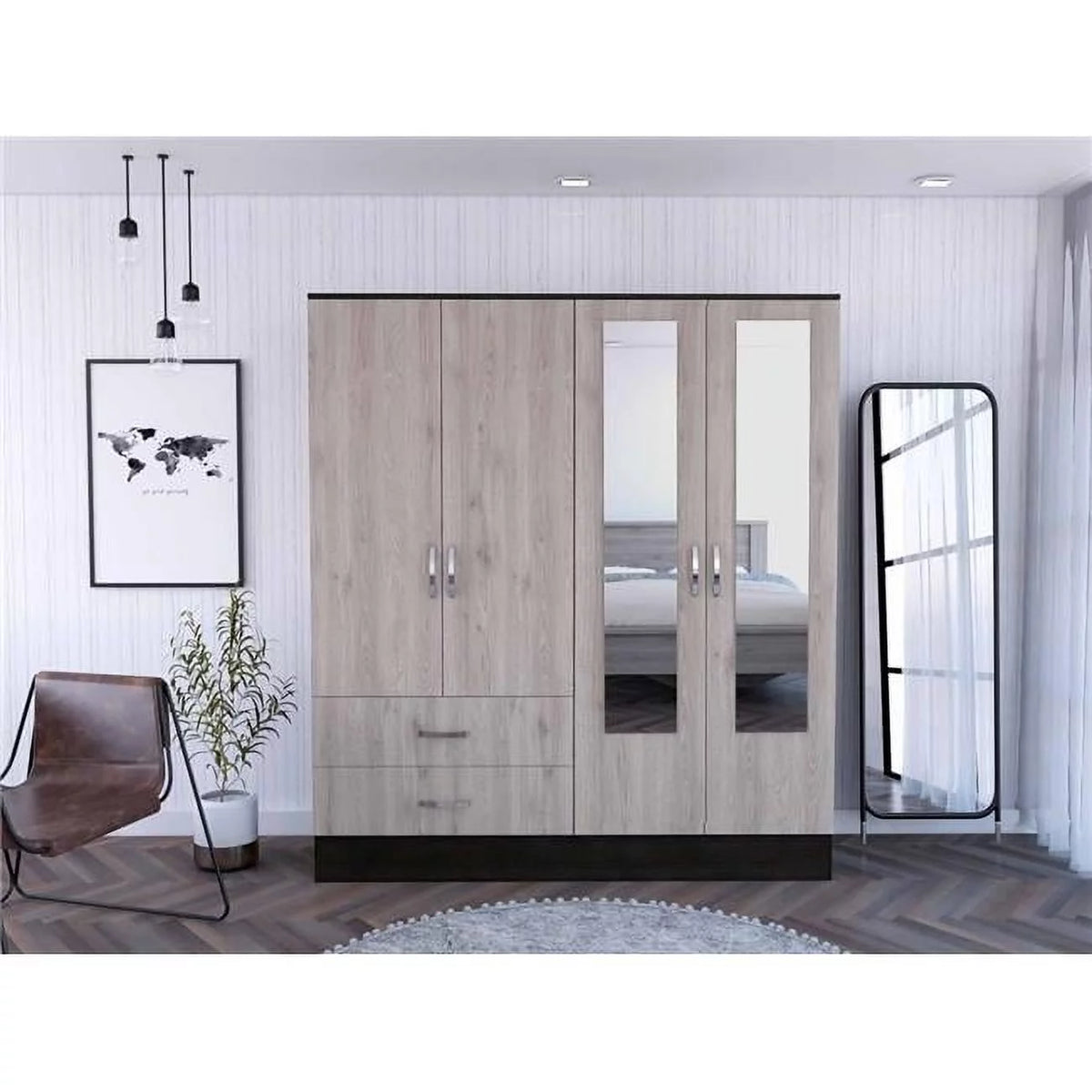 Black & Light Oak Four Door Wardrobe Closet with Mirrors U444