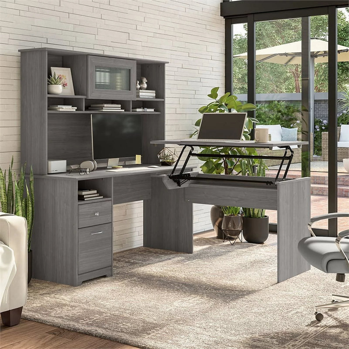 Gray L Shaped Desk with Hutch G299