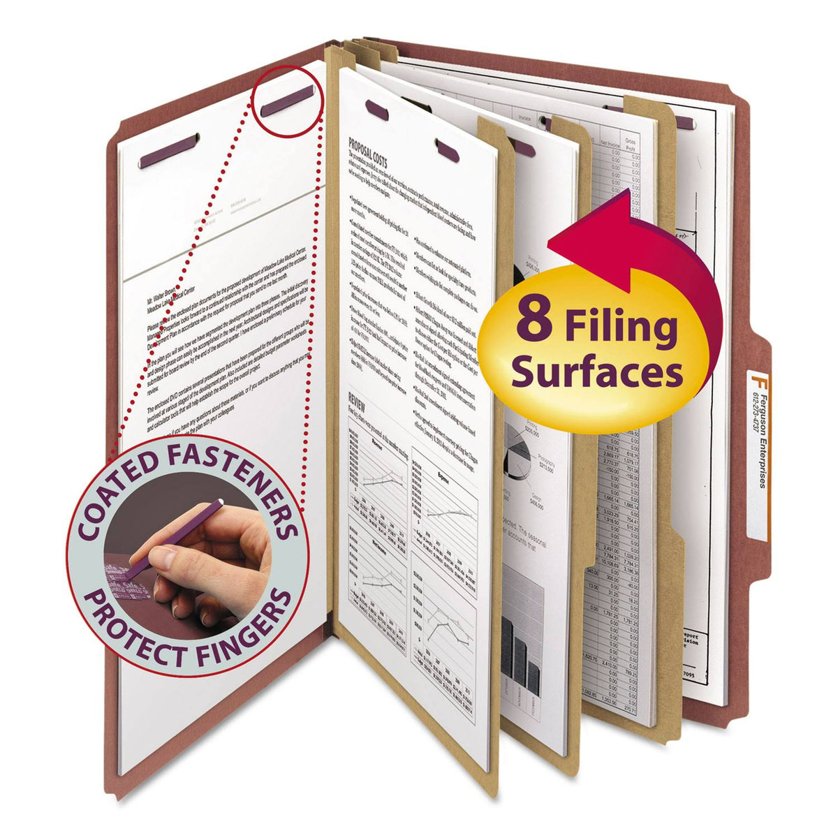 Red Legal Size Pressboard Classification Folders with Fasteners, 3 Dividers, 10/Box A958