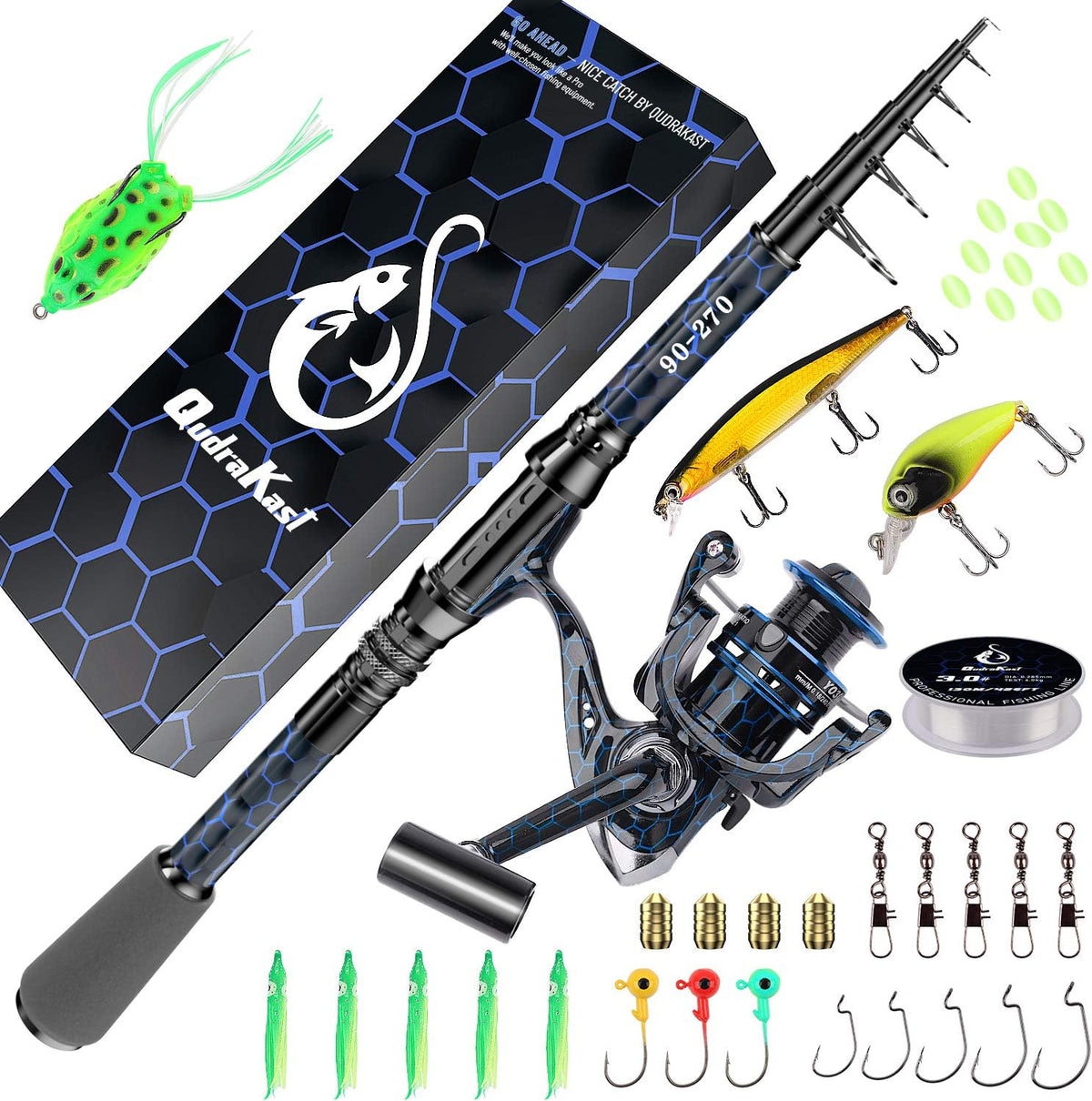 Carbon Fiber Telescopic Fishing Rod and Reel Combo Kit with Tackle Box, Pack of 2 D91374