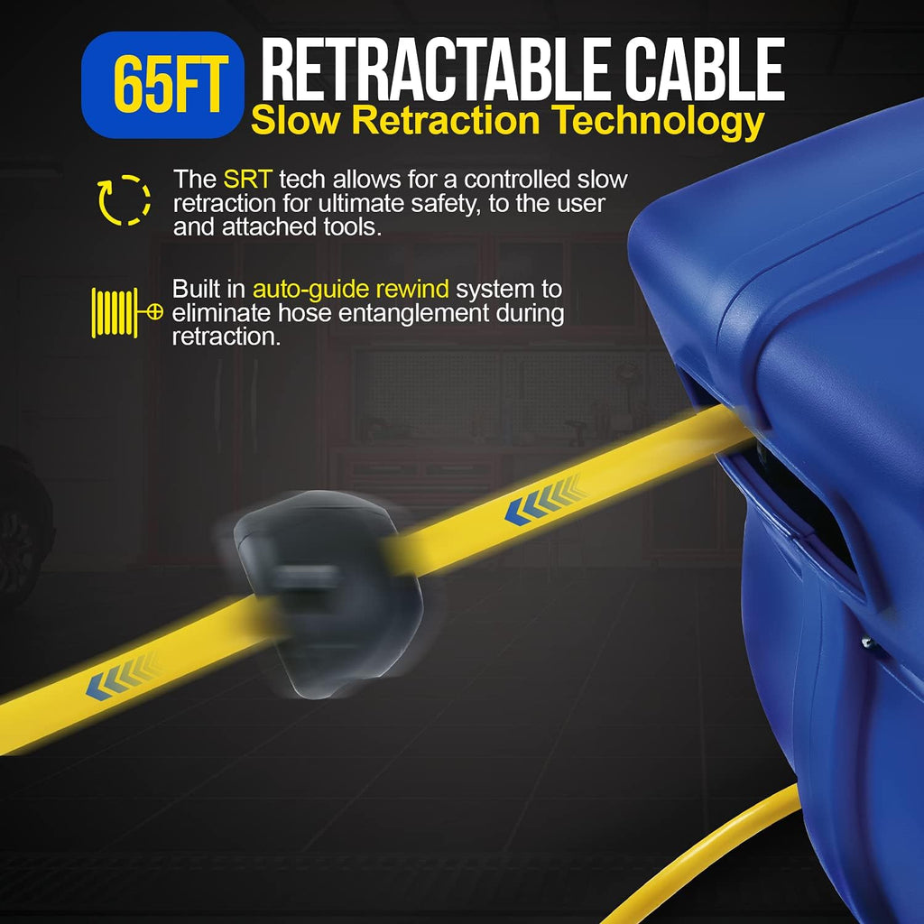 Retractable Extension Cord Reel 14AWG 65 Foot 3C/SJTOW Commercial Cable Triple Tap Connector Power 10A 125VAC 1250W N215273
