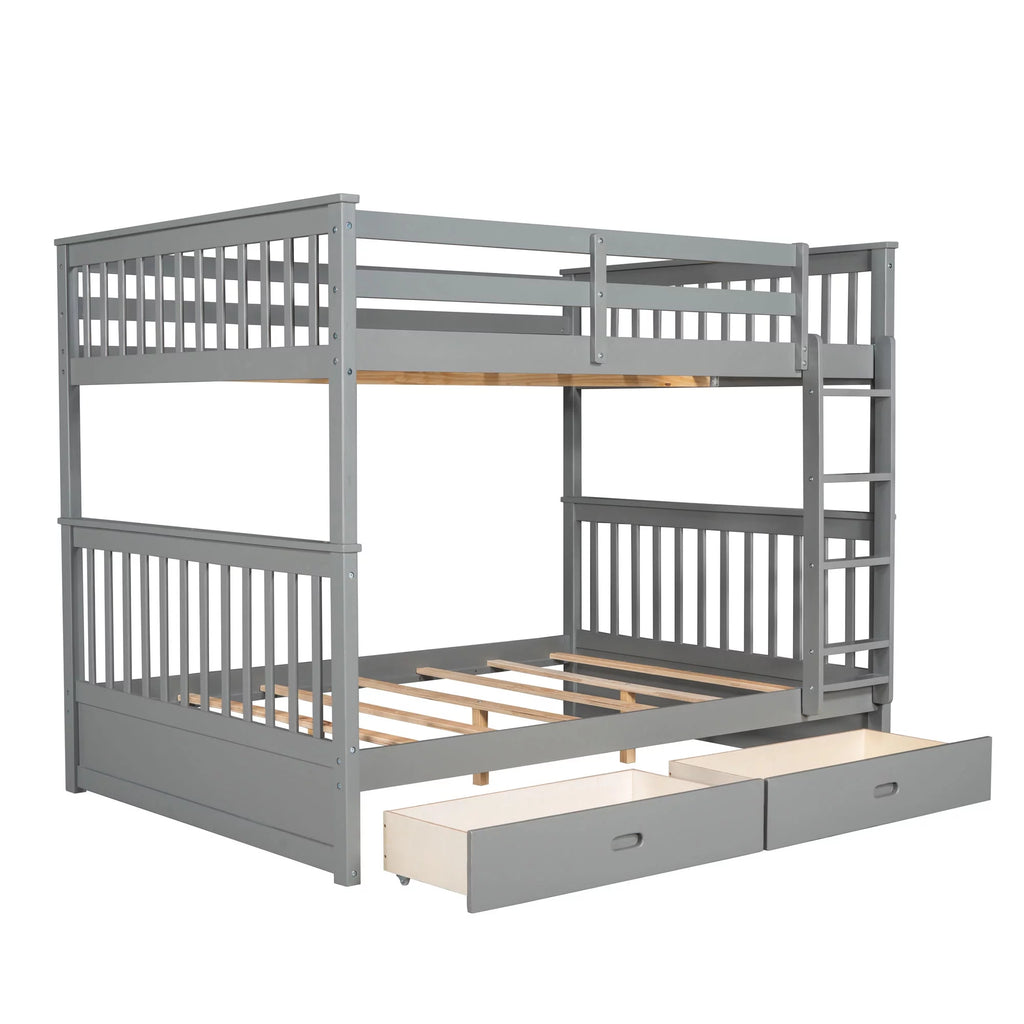 Full over Full Bunk Bed with Ladder and 2 Drawers, Gray X163