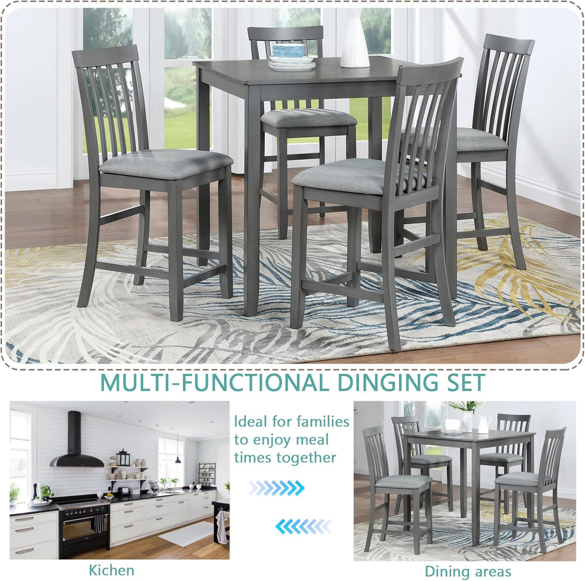 5 Piece Counter Height Dining Table Set with 4 Upholstered Chairs, Dove Gray W279