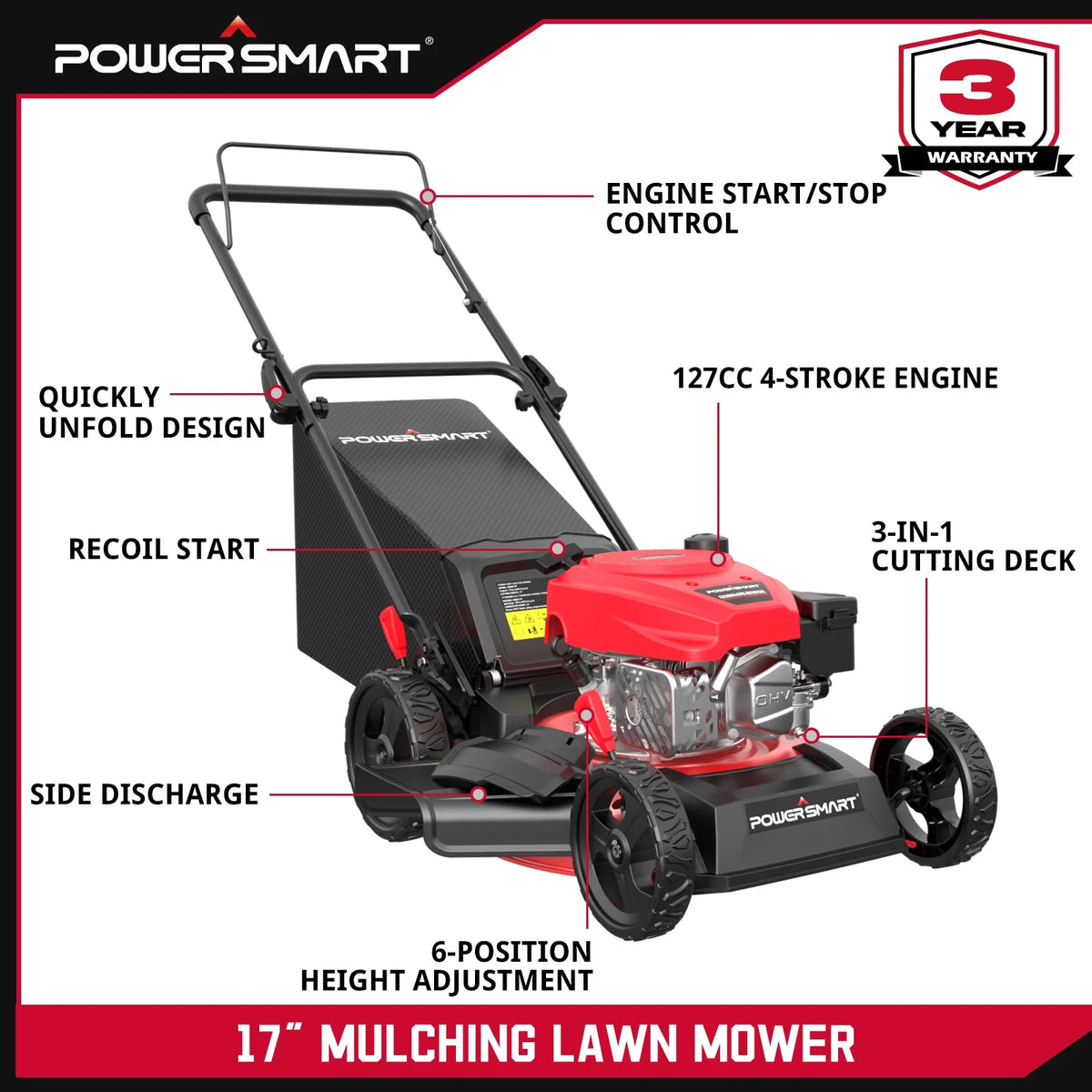Push Gas Lawn Mower 17-Inch 127cc 3-in-1 with Bagger W56691