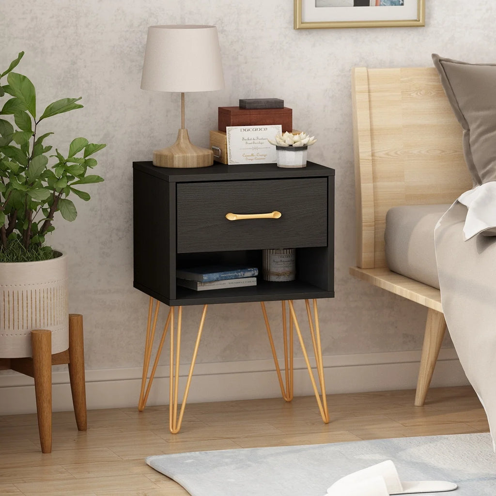Black 1 Drawer Wood Nightstand with Metal Legs N224203